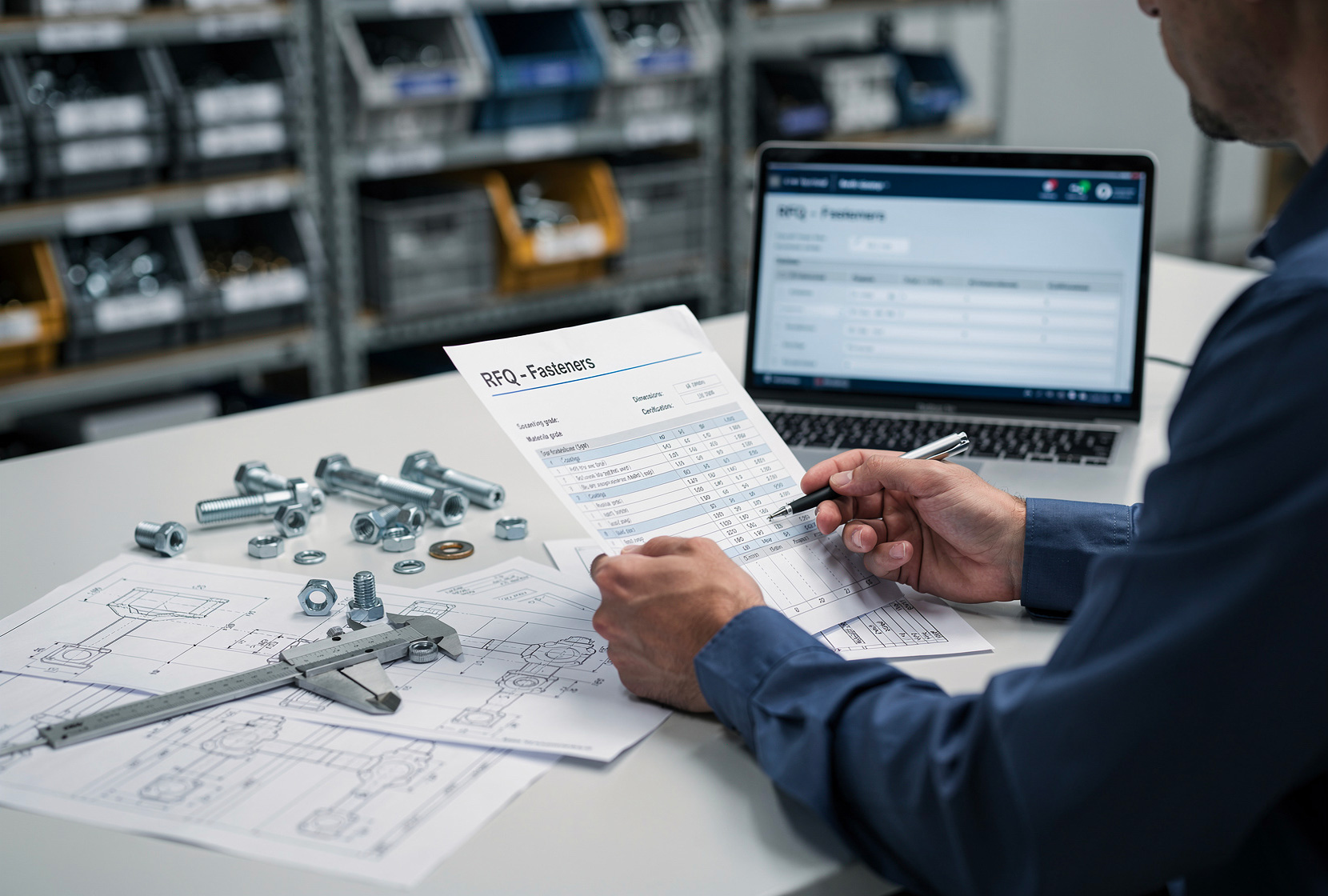 Man working on a fastener RFQ at a desk with papers and hardware on it.
